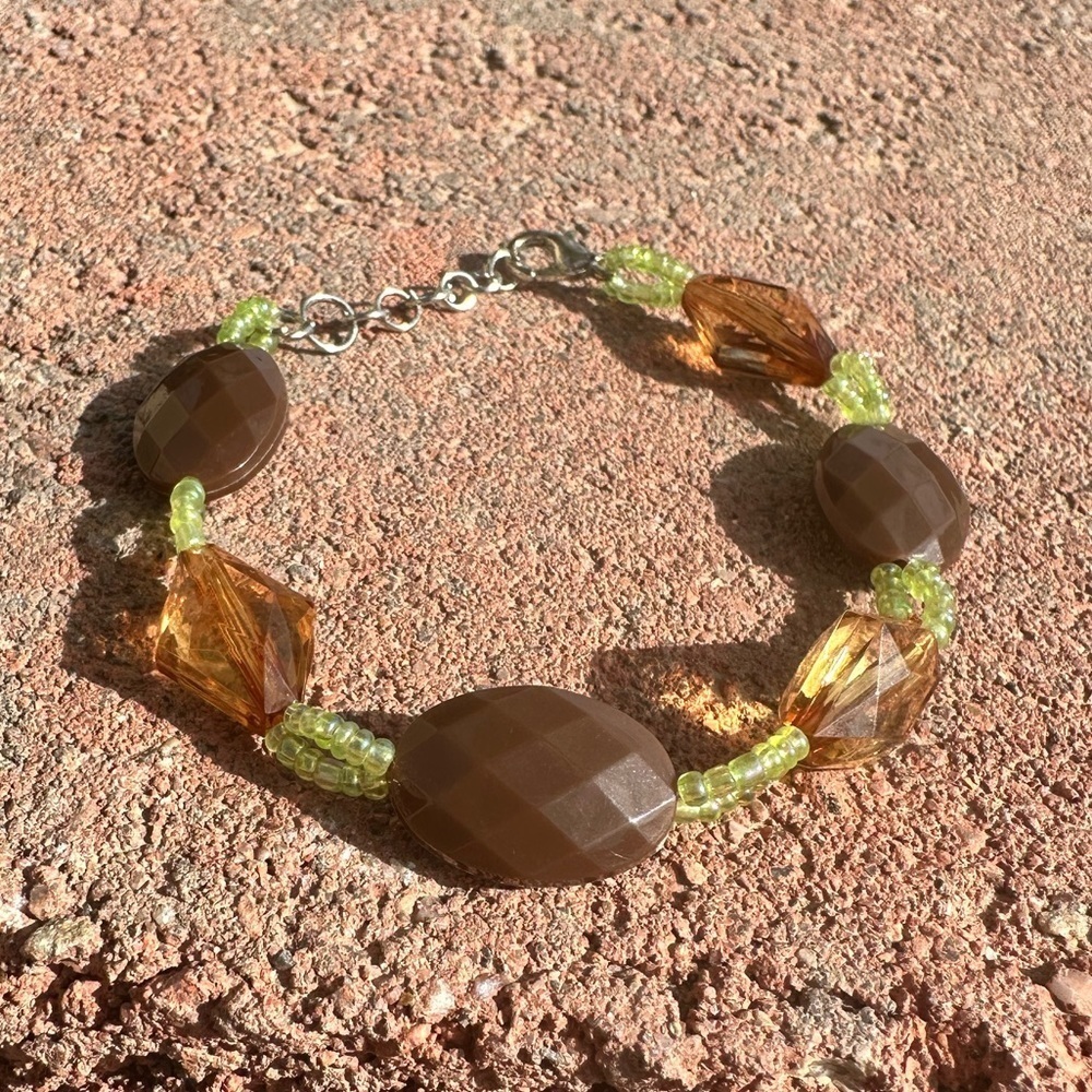 Handmade Brown & Green Earth-Toned Adjustable Bracelet w Silver Colored Clasp